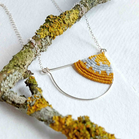 Lichen - Mustard and Grey with Silver / 18 inch necklace 
      
            Lichen - Mustard and Grey with Silver / 24 inch necklace